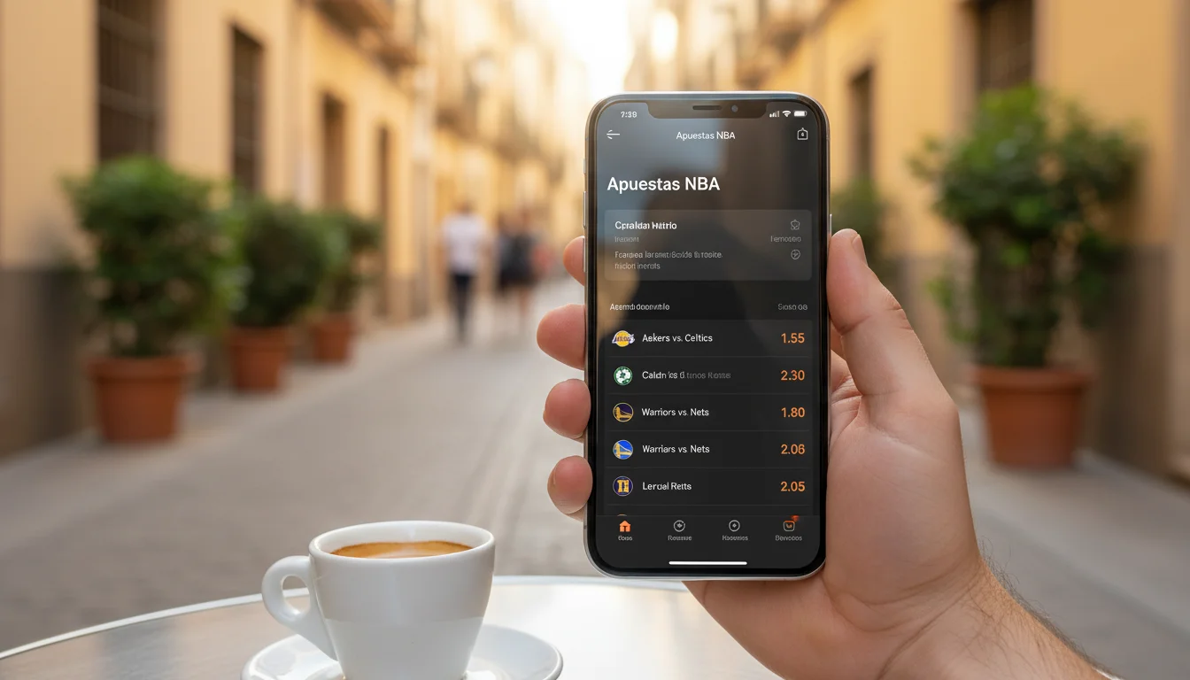 Apostador español consultando cuotas NBA desde su teléfono móvil con operador con licencia DGOJ